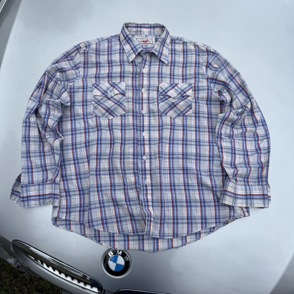 1970s Youngbloods Hampton Industries Plaid Western Permanent Press Button Down